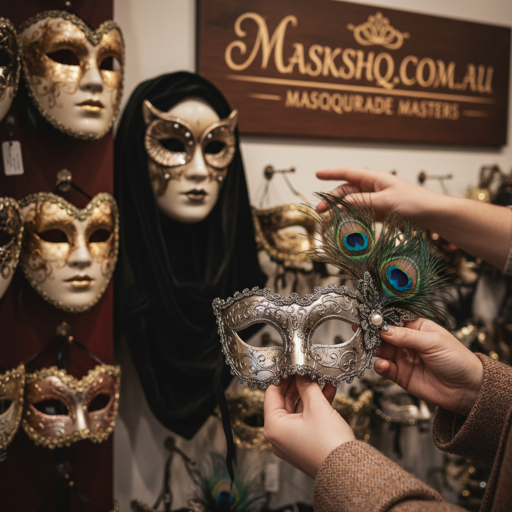 Person selecting a masquerade mask in a boutique setting