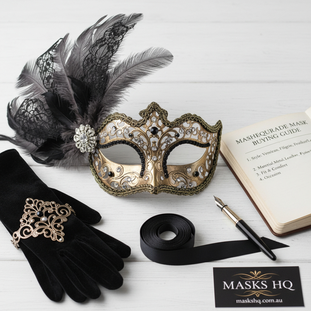 Styled flat-lay of a masquerade mask with complementary formal accessories