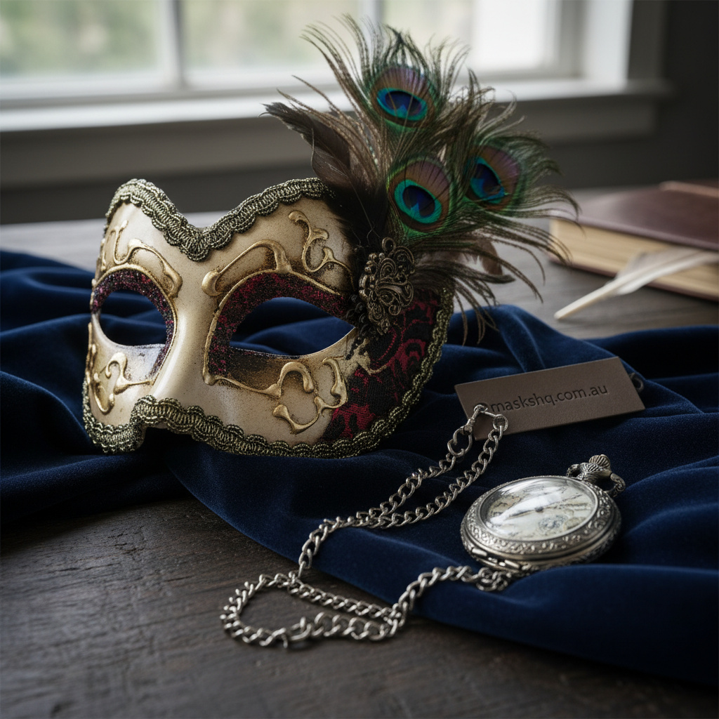 Hero lifestyle image of a masquerade mask stored carefully in a padded box with soft tissue support