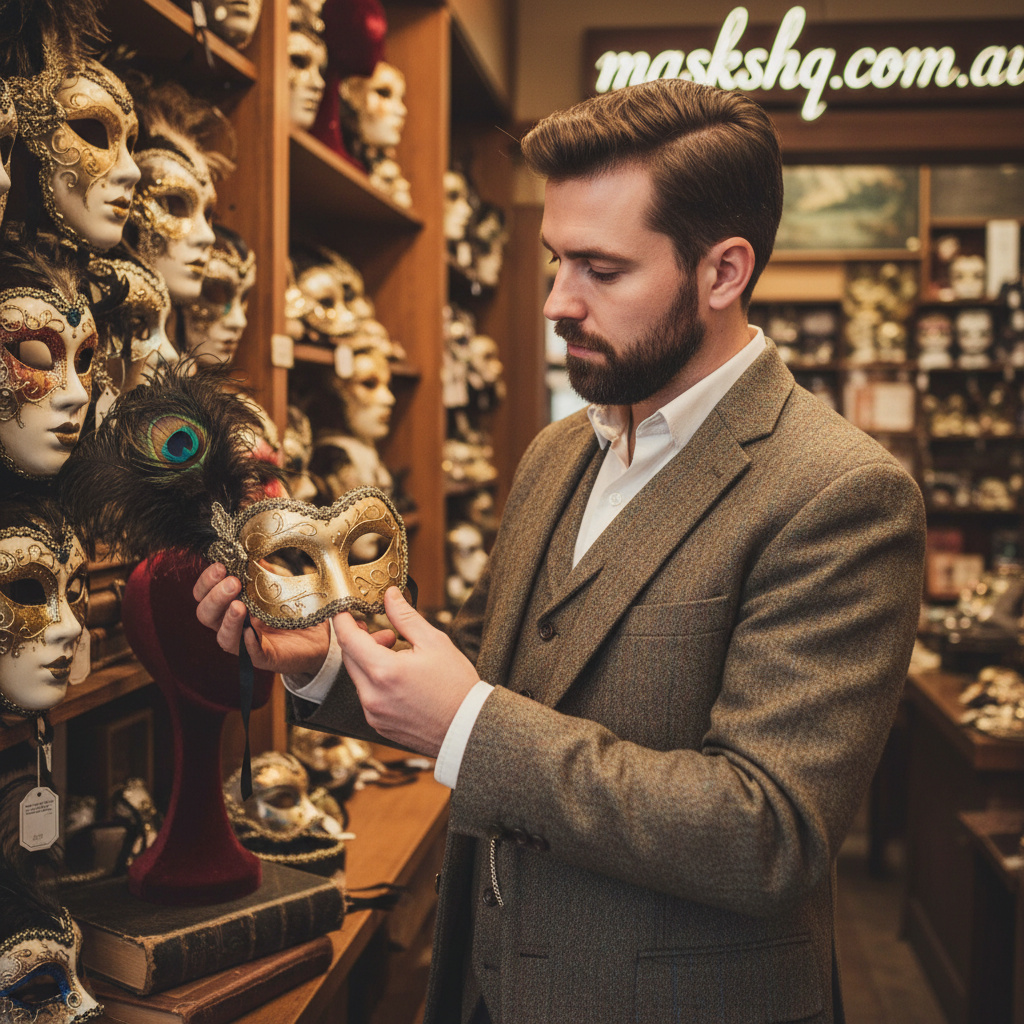 Mid-article image of a person selecting a masquerade mask from a protected storage box
