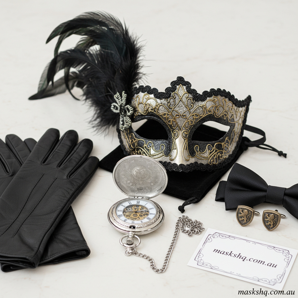 Close-up flat-lay of a masquerade mask with formal accessories arranged for safe storage