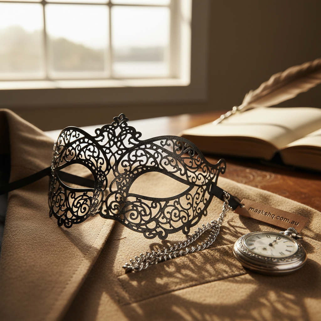 Hero lifestyle shot of a lightweight masquerade mask worn comfortably at a long evening event for maskshq.com.au.