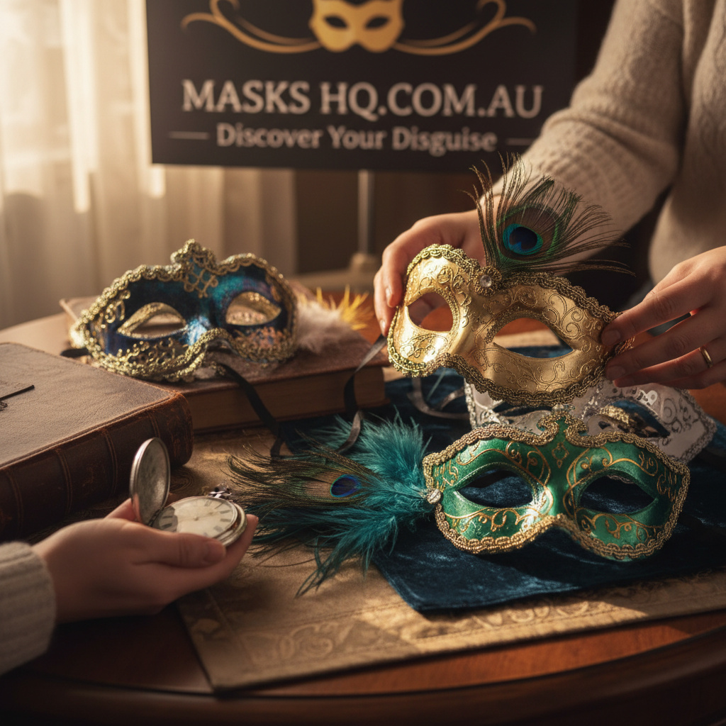 Mid-article supporting image of a person selecting a lightweight masquerade mask for maskshq.com.au at a formal event.