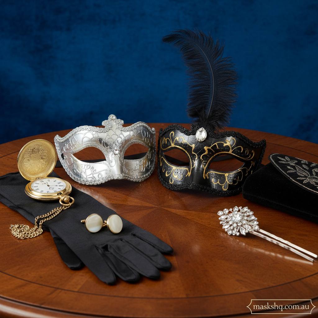 Close-up styled flat lay of a lightweight masquerade mask with formal accessories for maskshq.com.au.