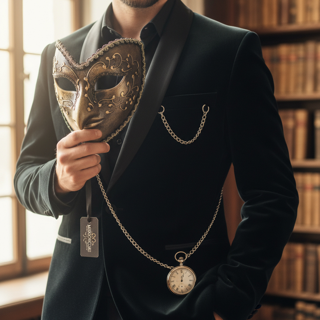 Hero lifestyle shot of a masquerade mask for men styled for an elegant evening event on maskshq.com.au.