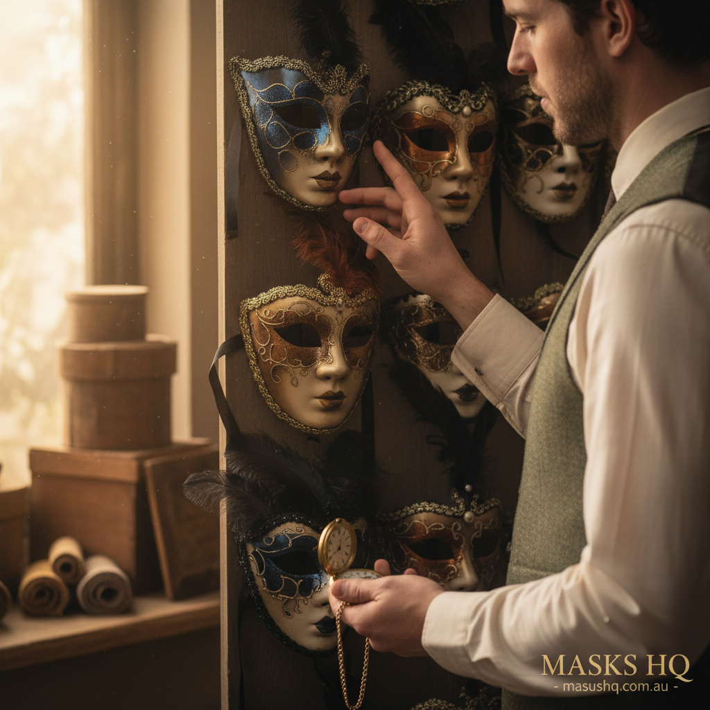 Mid-article supporting image of a person selecting a masquerade mask for men for a formal event on maskshq.com.au.
