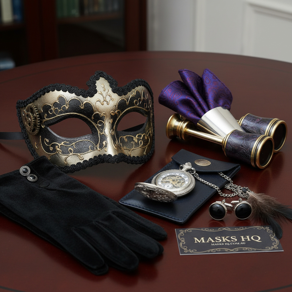 Detail close-up of a masquerade mask for men styled with formal accessories on maskshq.com.au.