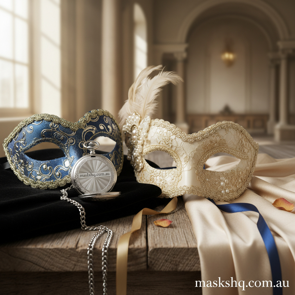 Hero lifestyle shot of a couples masquerade mask set at a formal masquerade event for maskshq.com.au