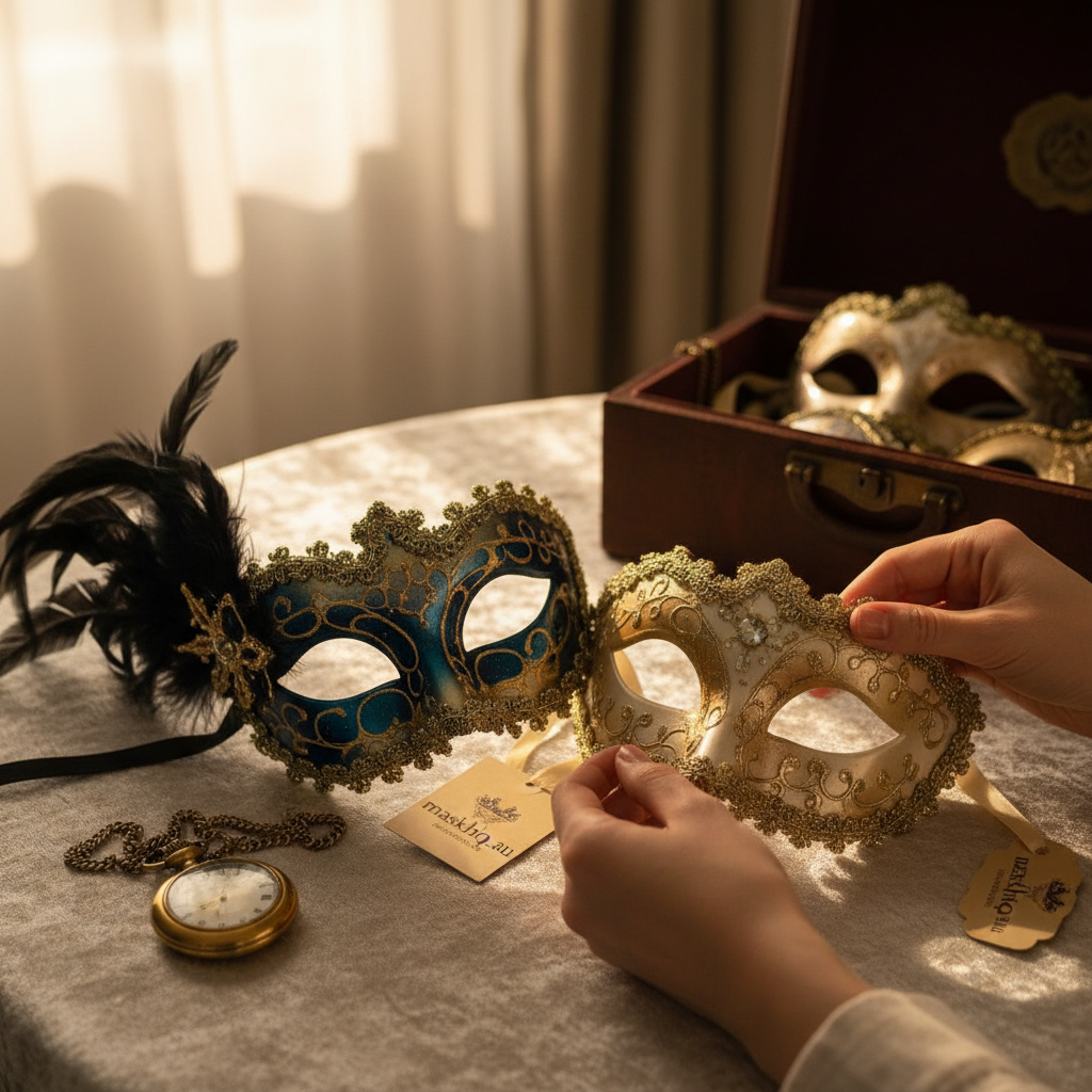 Mid-article image of a person selecting a couples masquerade mask set with coordinated formal styling for maskshq.com.au