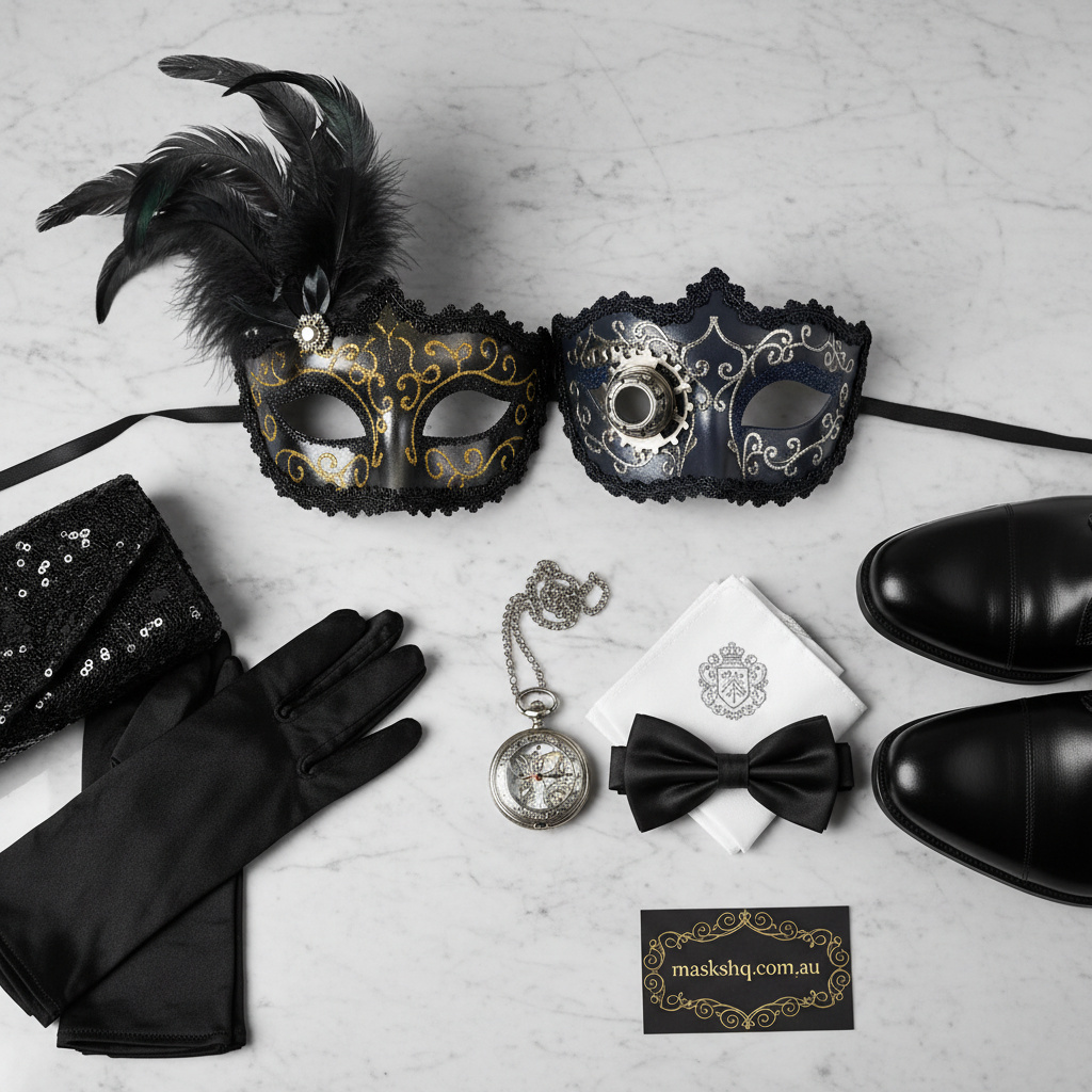 Detail close-up of a couples masquerade mask set with complementary formal accessories for maskshq.com.au