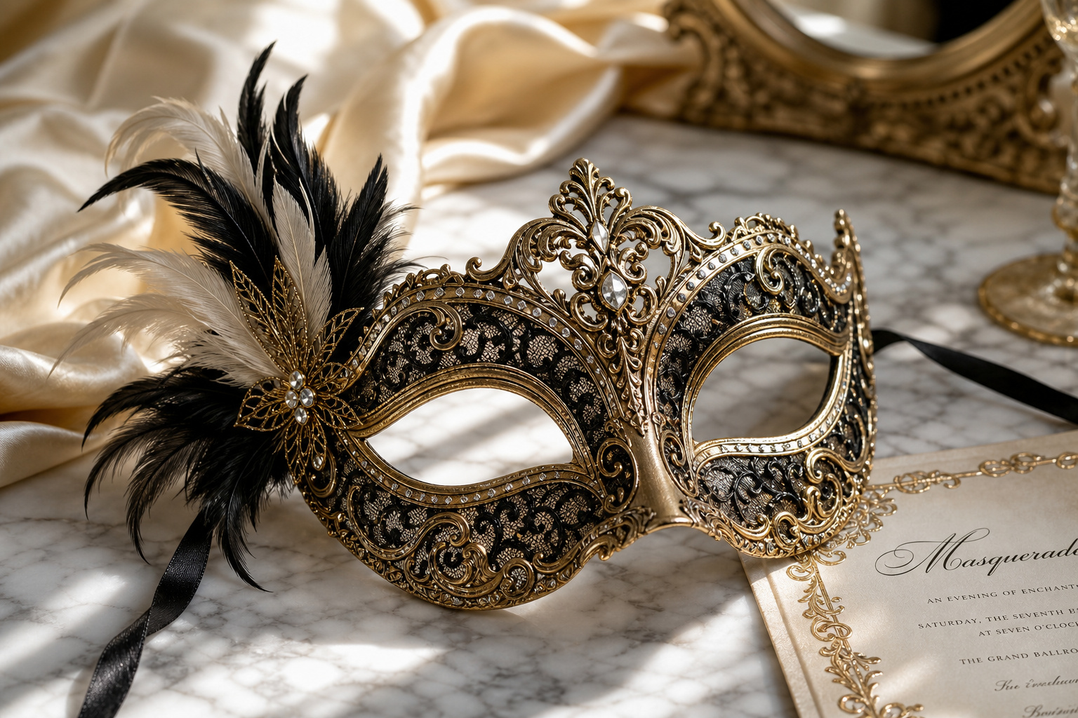Hero lifestyle shot of a decorative masquerade mask — Venetian, metal-filigree, feather or lace style, contextually illu
