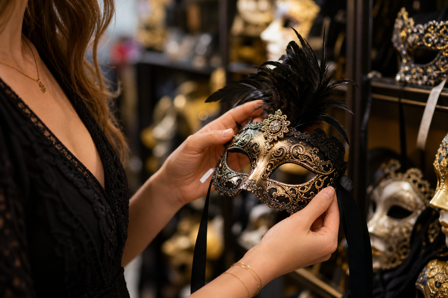 Mid-article supporting image of a person handling or selecting a decorative masquerade mask — Venetian, metal-filigree,