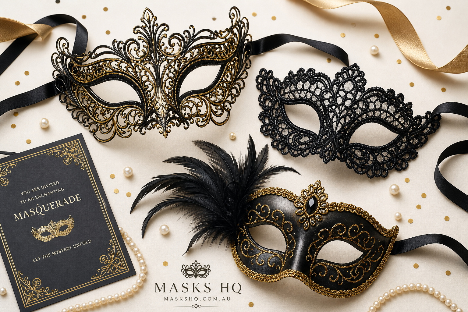 Detail close-up or styled flat-lay of a decorative masquerade mask — Venetian, metal-filigree, feather or lace style wit