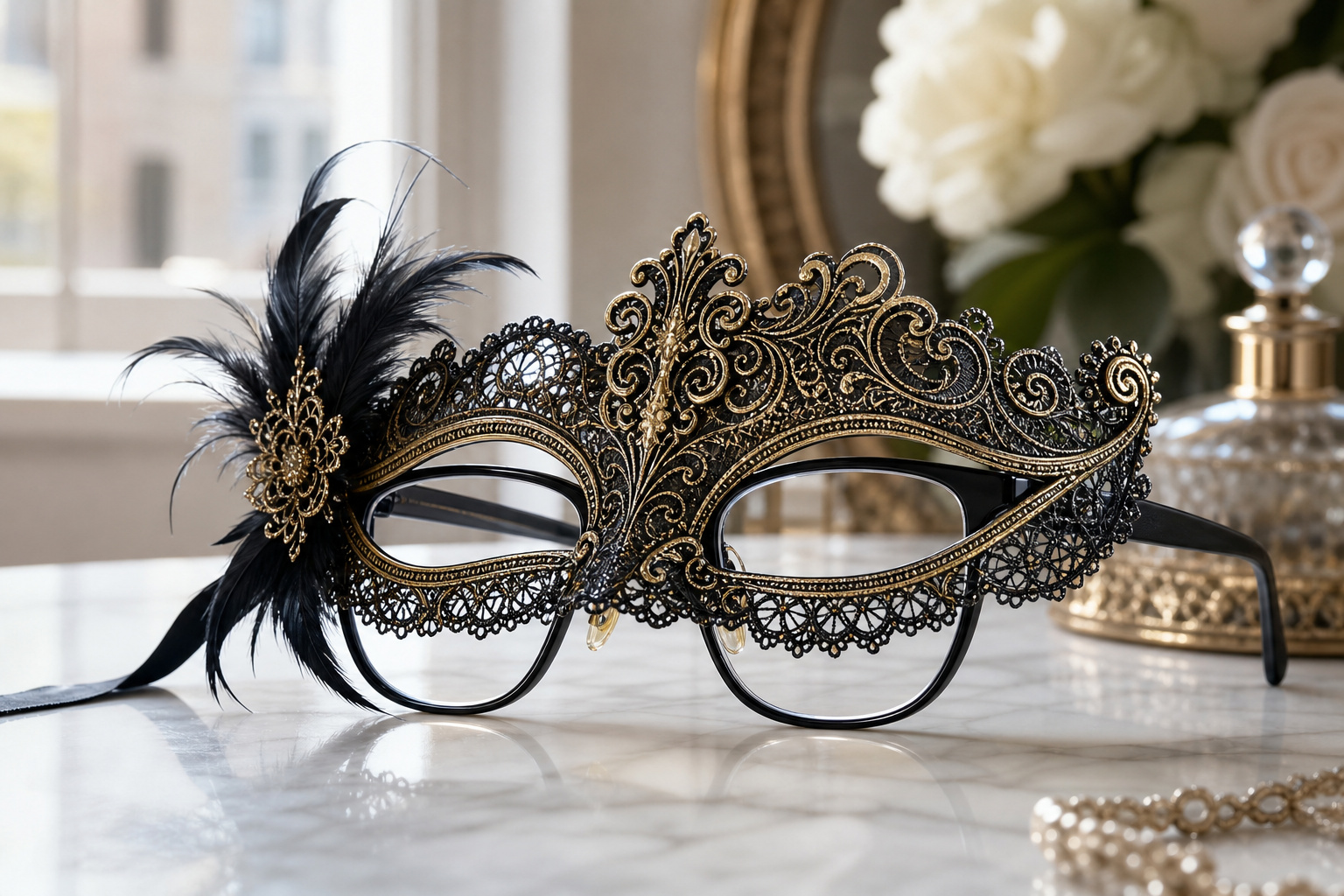 Hero lifestyle shot of a decorative masquerade mask — Venetian, metal-filigree, feather or lace style, contextually illu