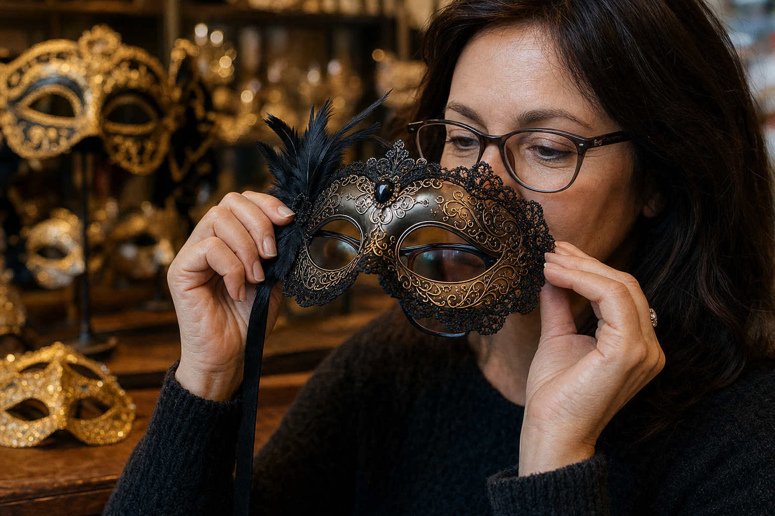 Mid-article supporting image of a person handling or selecting a decorative masquerade mask — Venetian, metal-filigree,