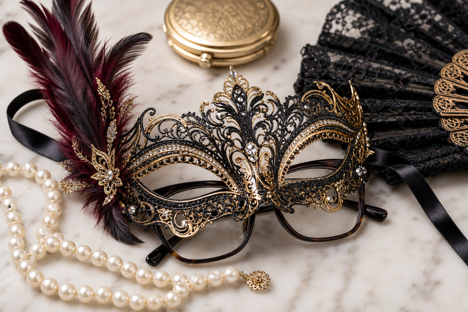 Detail close-up or styled flat-lay of a decorative masquerade mask — Venetian, metal-filigree, feather or lace style wit