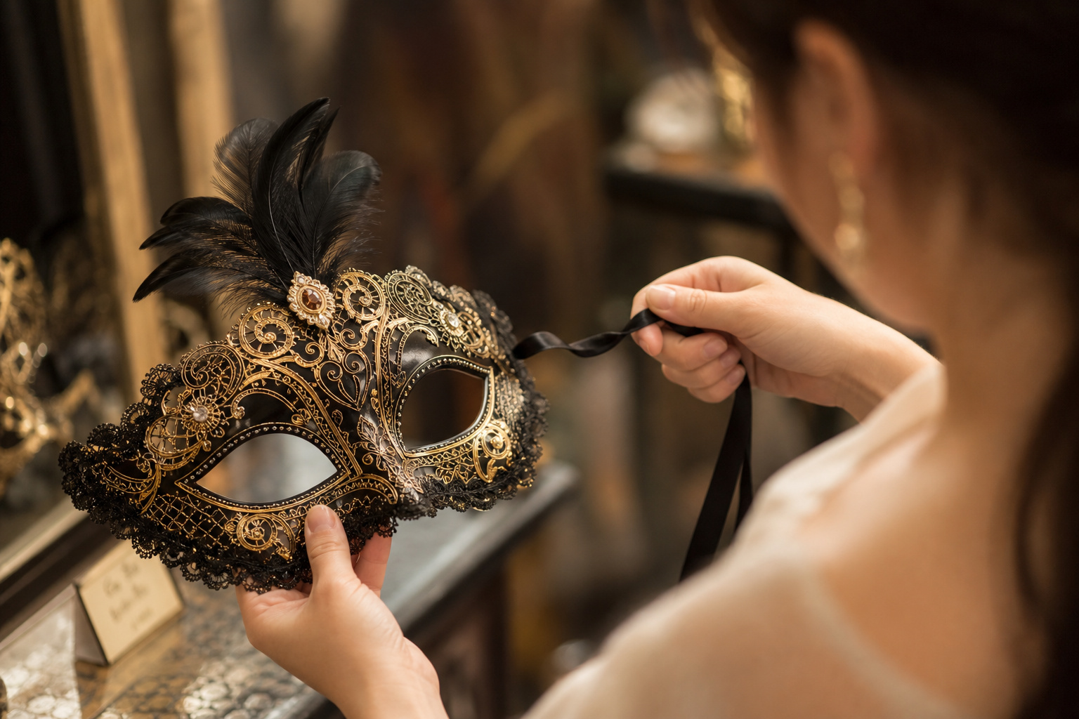 Mid-article supporting image of a person handling or selecting a decorative masquerade mask — Venetian, metal-filigree,