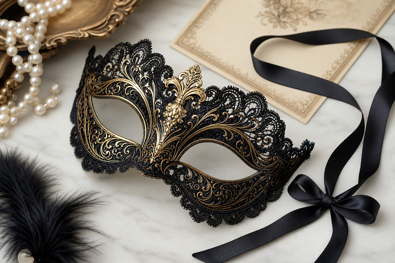 Detail close-up or styled flat-lay of a decorative masquerade mask — Venetian, metal-filigree, feather or lace style wit