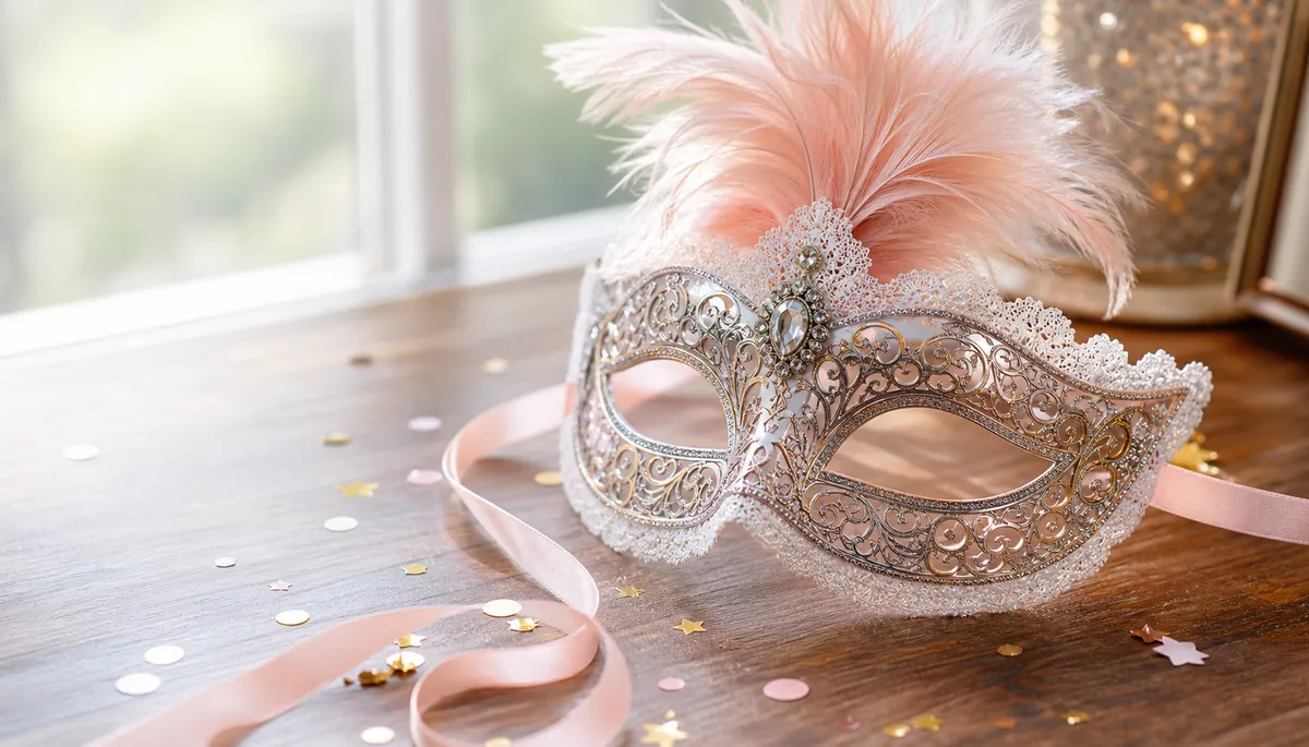 Decorative Venetian-style masquerade mask worn at an evening event