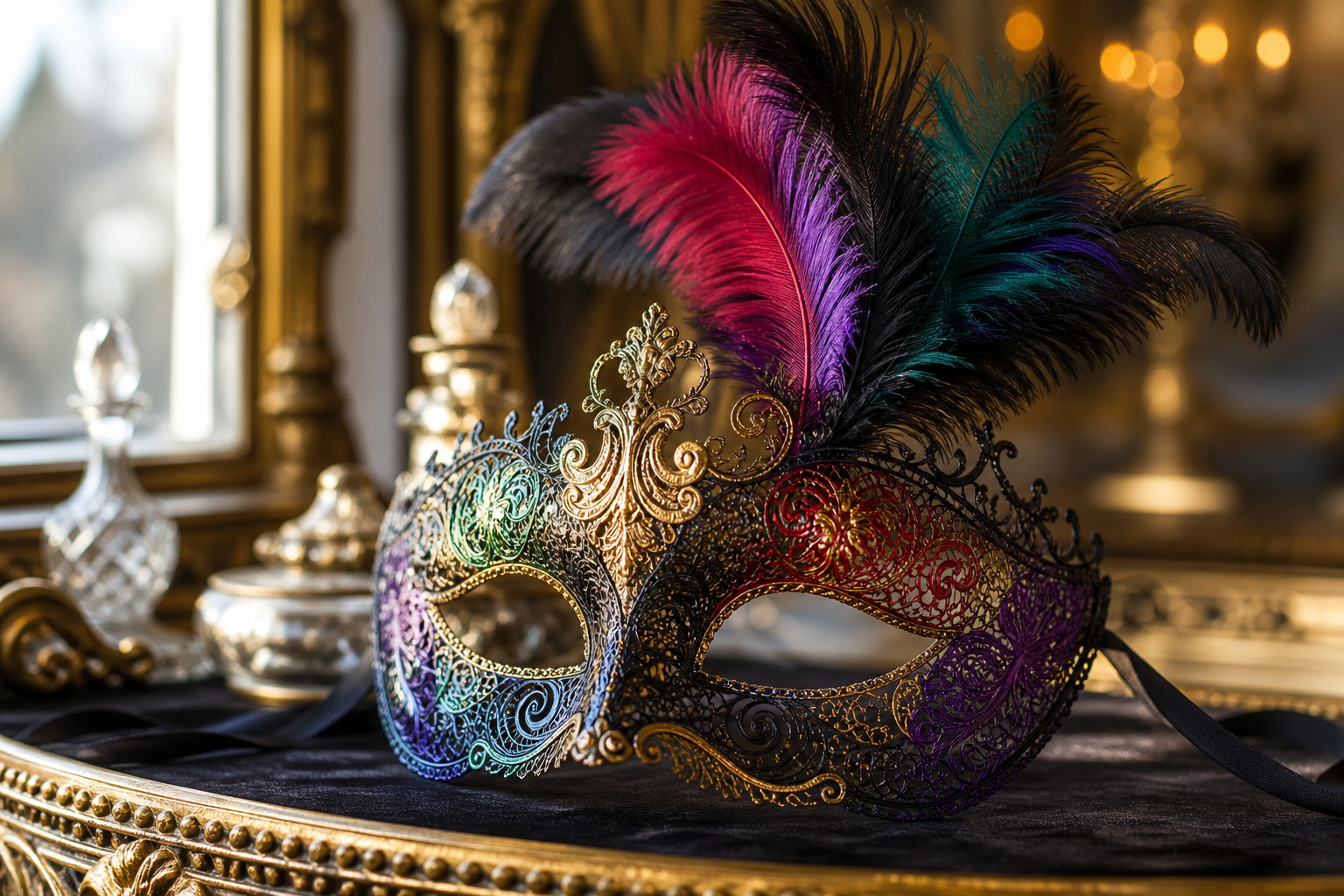 Hero lifestyle shot of a decorative masquerade mask — Venetian, metal-filigree, feather or lace style, contextually illu