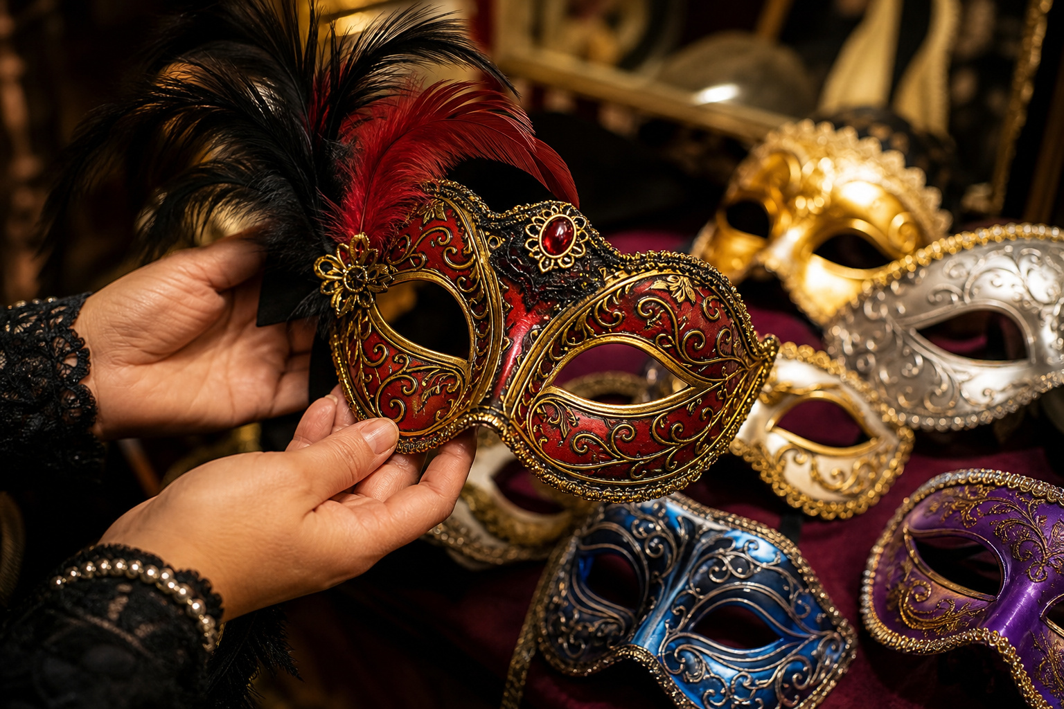 Mid-article supporting image of a person handling or selecting a decorative masquerade mask — Venetian, metal-filigree,