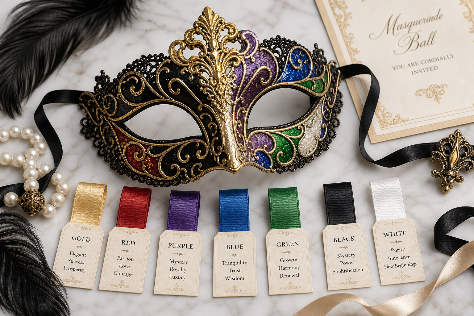 Detail close-up or styled flat-lay of a decorative masquerade mask — Venetian, metal-filigree, feather or lace style wit