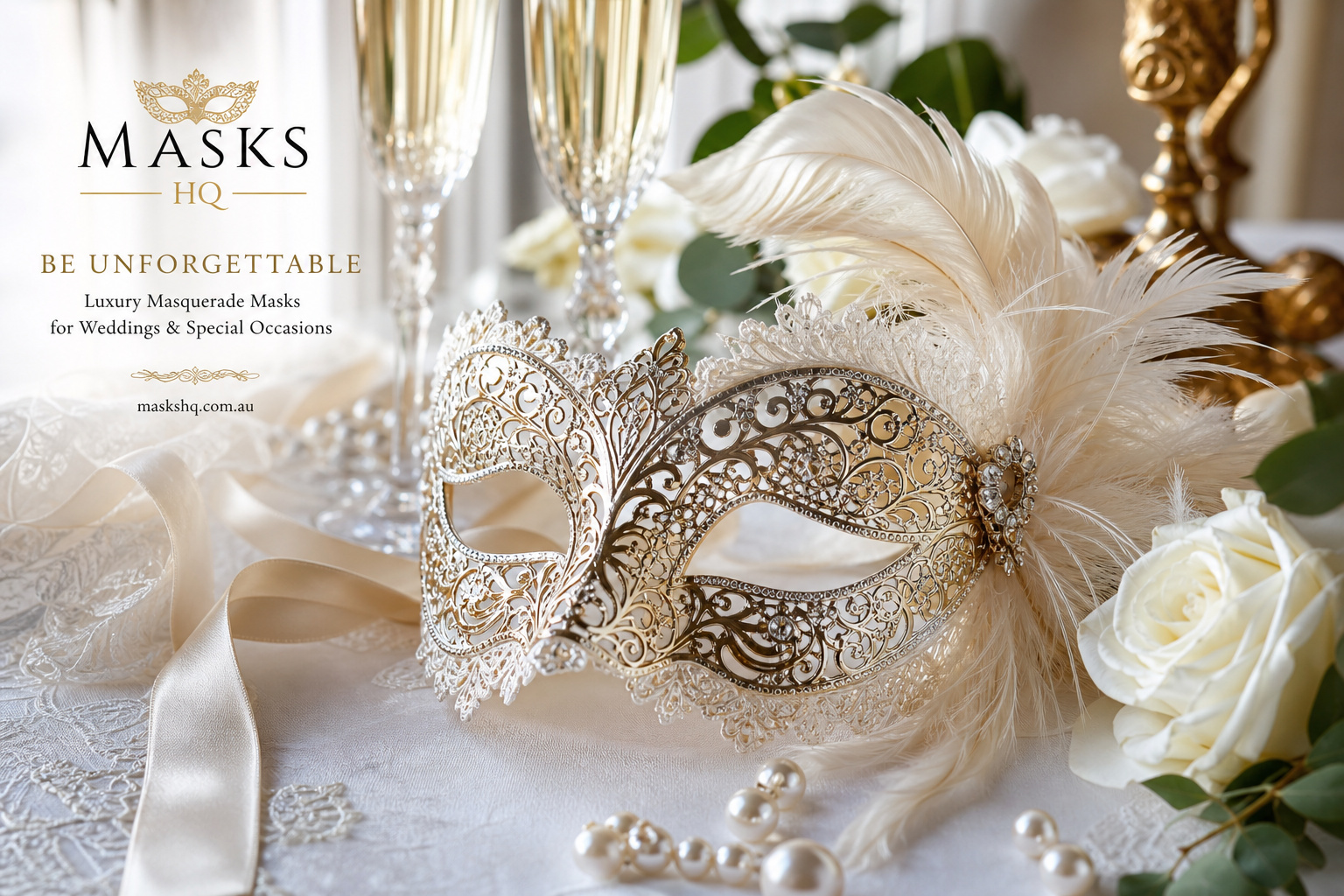 Hero lifestyle shot of a decorative masquerade mask — Venetian, metal-filigree, feather or lace style, contextually illu