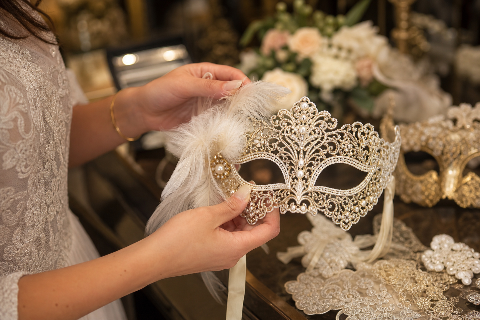 Mid-article supporting image of a person handling or selecting a decorative masquerade mask — Venetian, metal-filigree,