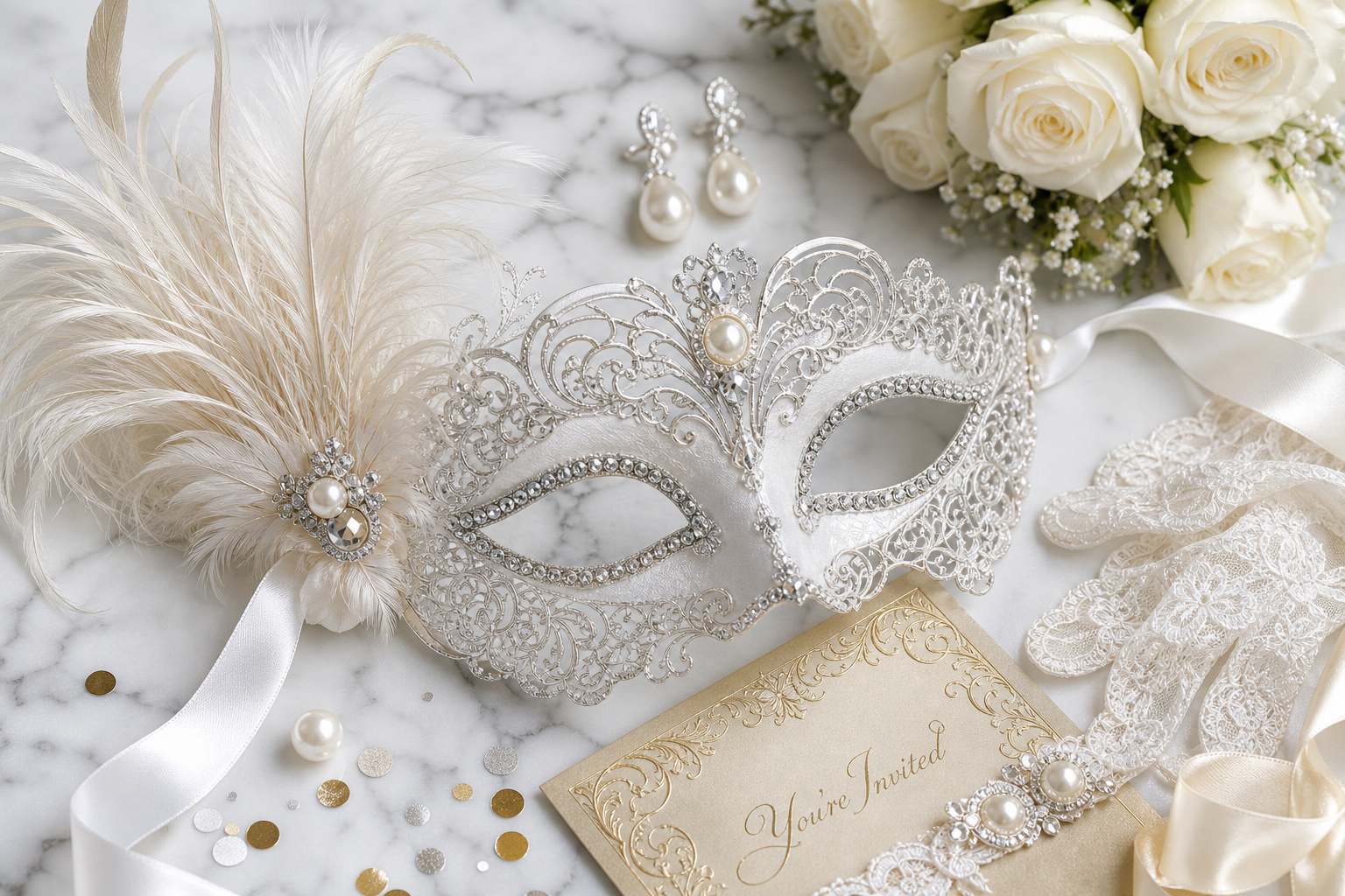 Detail close-up or styled flat-lay of a decorative masquerade mask — Venetian, metal-filigree, feather or lace style wit