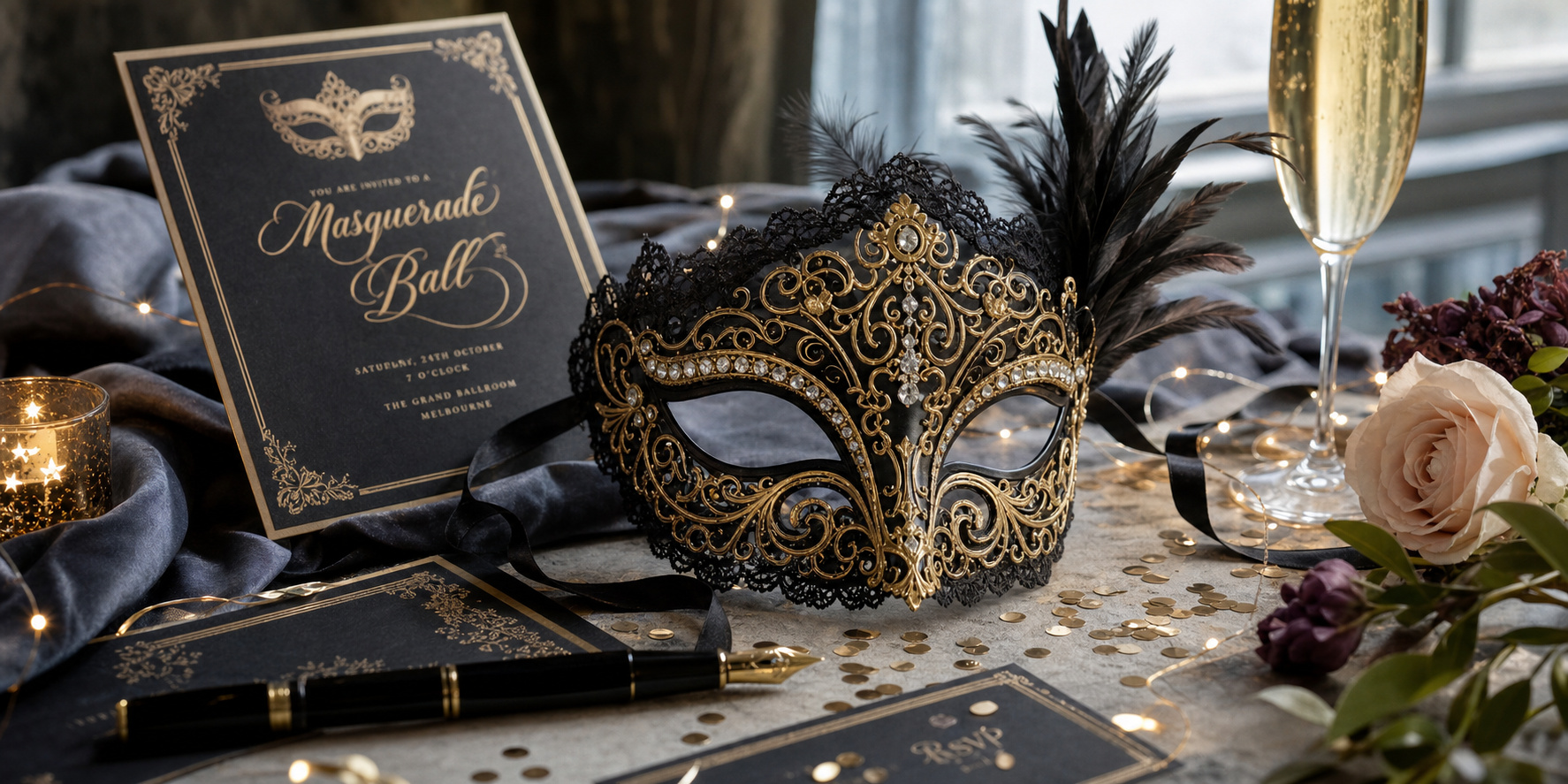Hero lifestyle shot of a decorative masquerade mask — Venetian, metal-filigree, feather or lace style, contextually illu