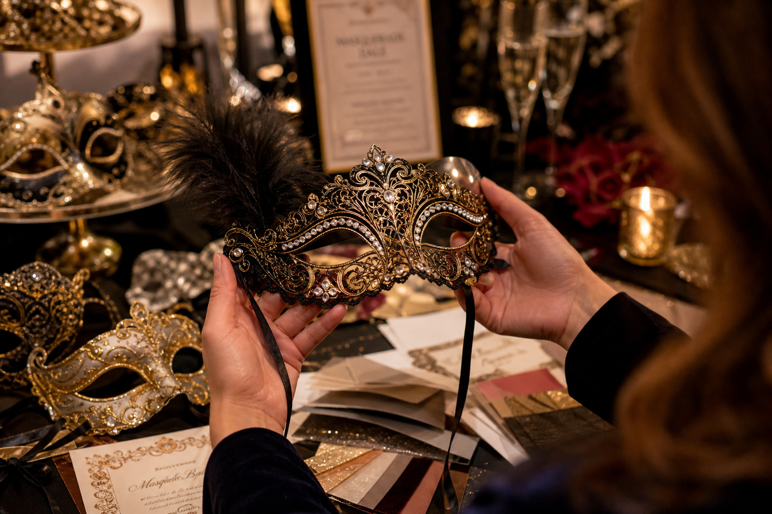Mid-article supporting image of a person handling or selecting a decorative masquerade mask — Venetian, metal-filigree,
