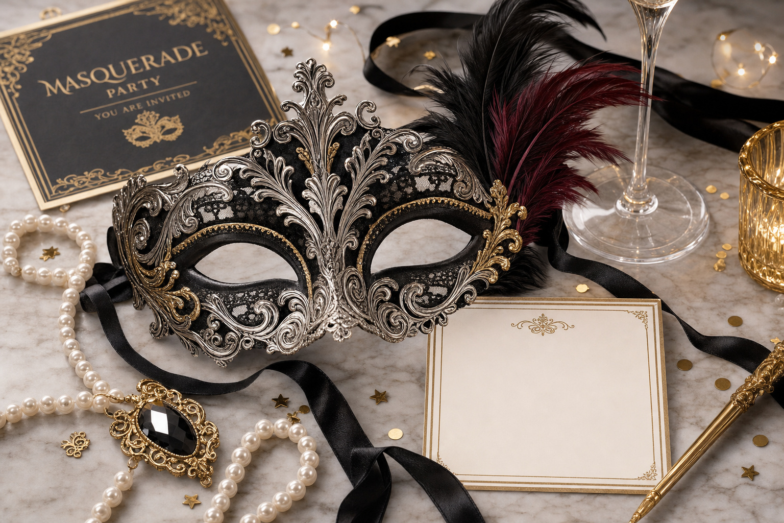 Detail close-up or styled flat-lay of a decorative masquerade mask — Venetian, metal-filigree, feather or lace style wit