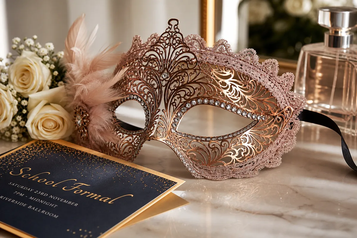 Decorative Venetian-style masquerade mask worn at an evening event