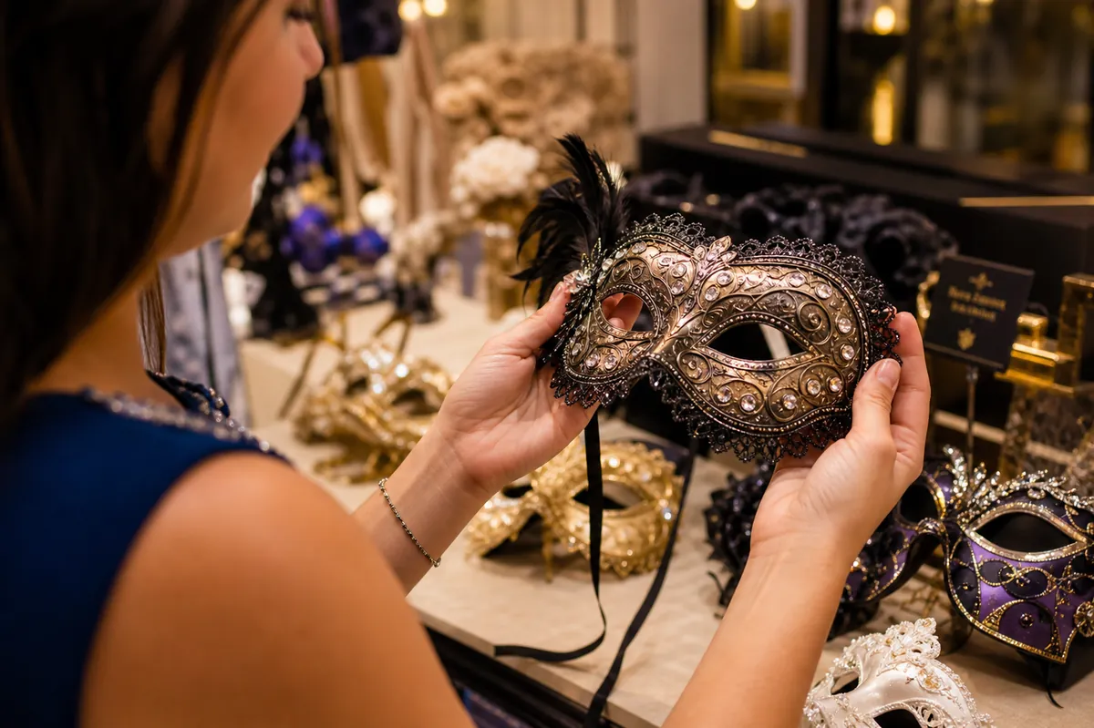 Person selecting a decorative masquerade mask