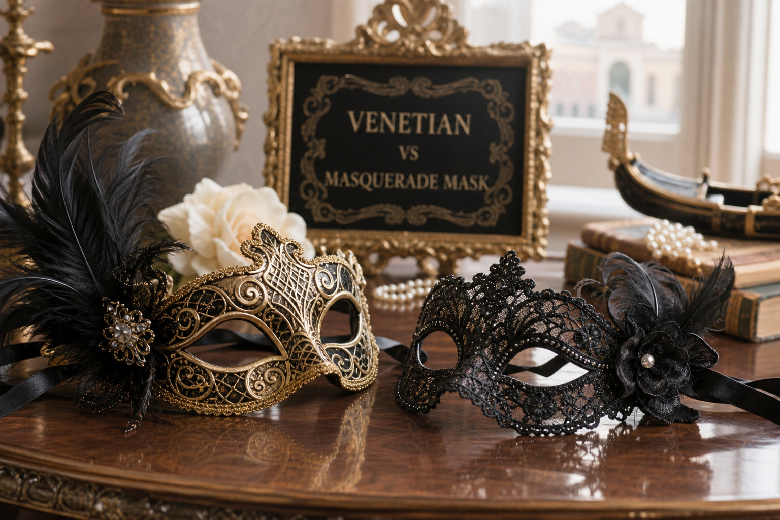 Hero lifestyle shot of a decorative masquerade mask — Venetian, metal-filigree, feather or lace style, contextually illu