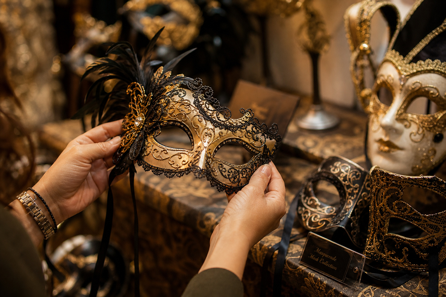 Mid-article supporting image of a person handling or selecting a decorative masquerade mask — Venetian, metal-filigree,