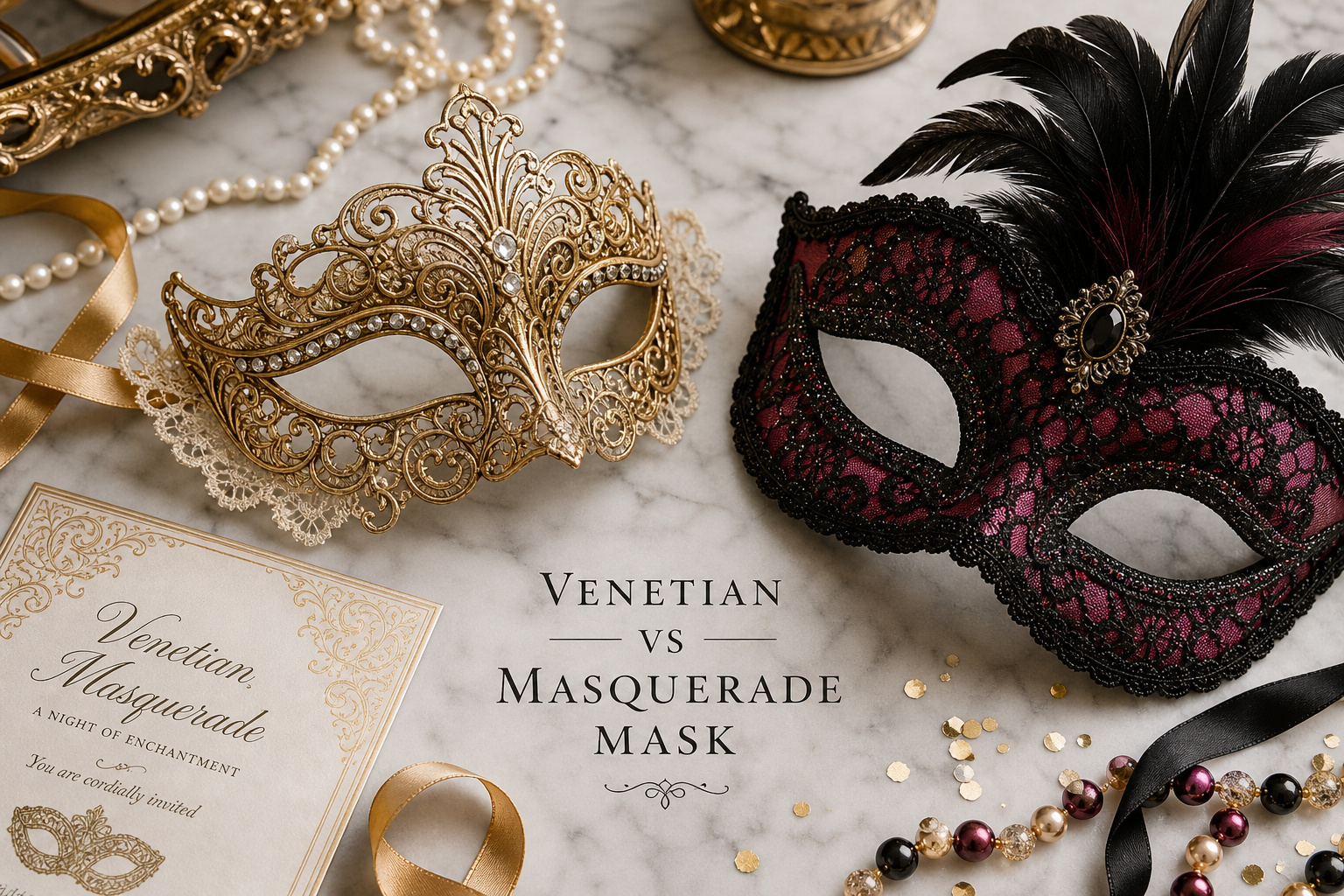 Detail close-up or styled flat-lay of a decorative masquerade mask — Venetian, metal-filigree, feather or lace style wit