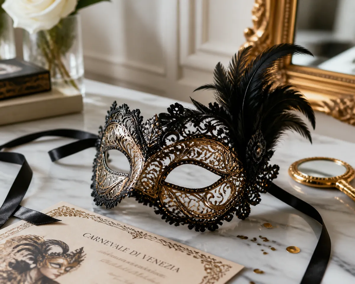 Decorative Venetian-style masquerade mask worn at an evening event
