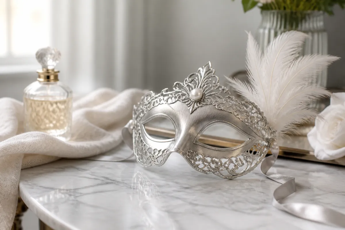 Decorative Venetian-style masquerade mask worn at an evening event