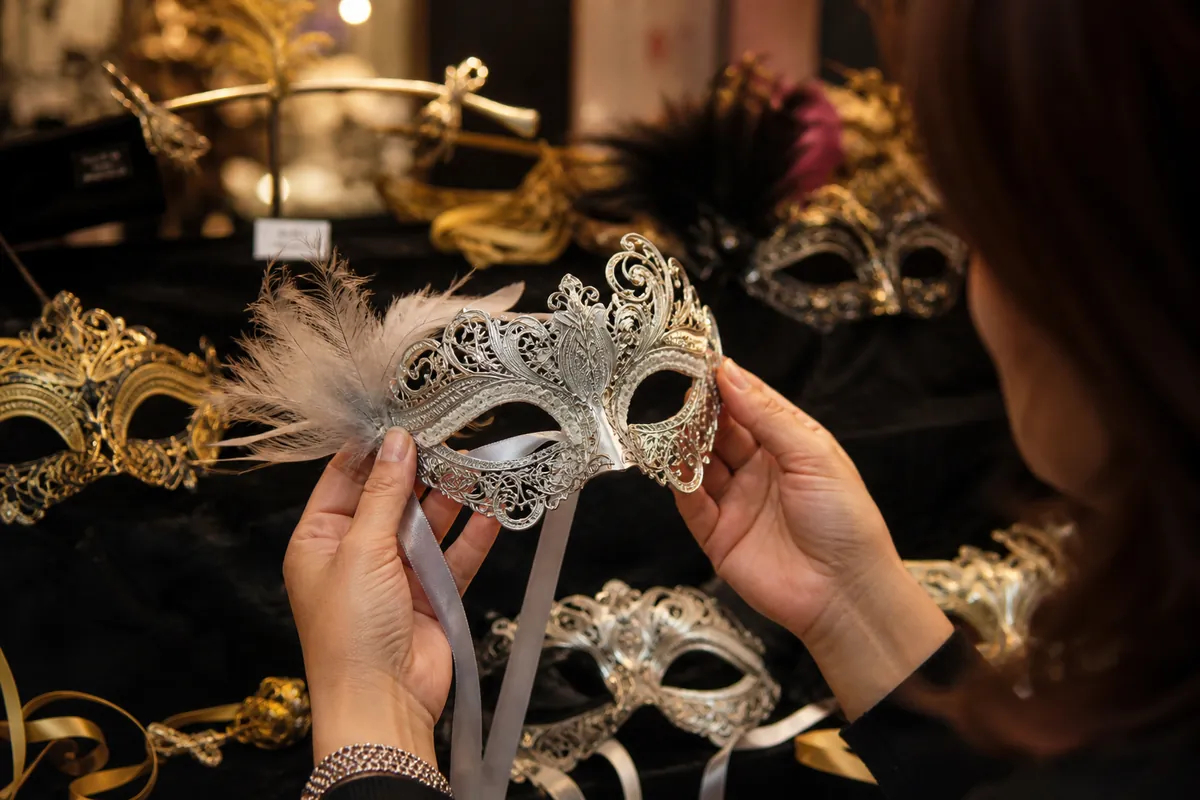Person selecting a decorative masquerade mask
