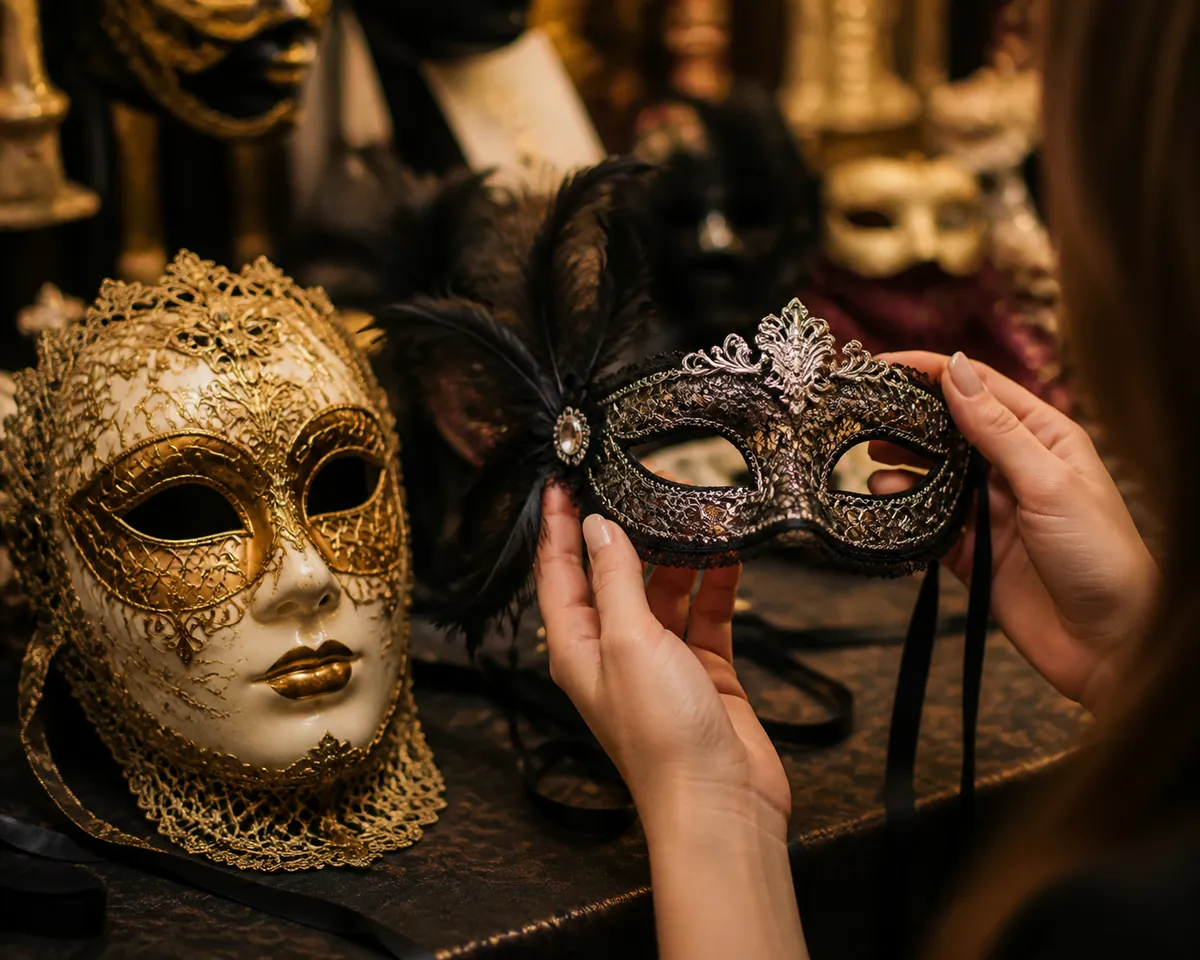 Person selecting a decorative masquerade mask