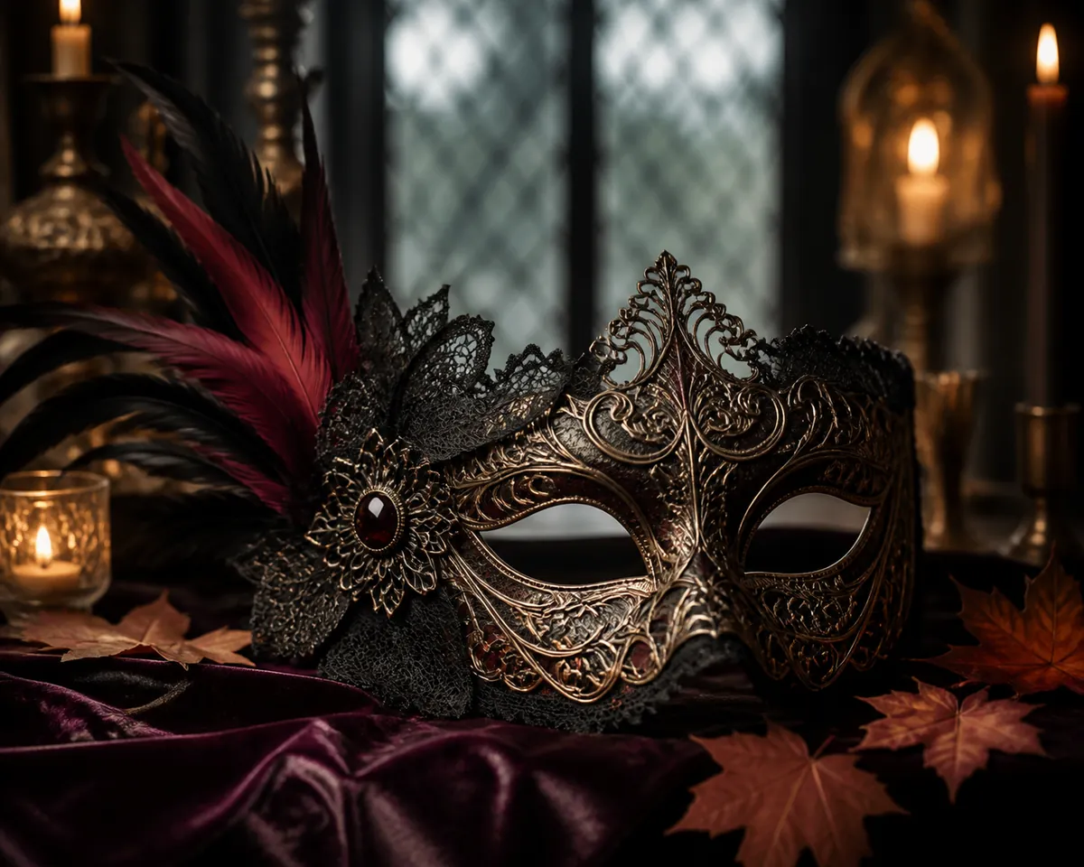 Decorative Venetian-style masquerade mask worn at an evening event