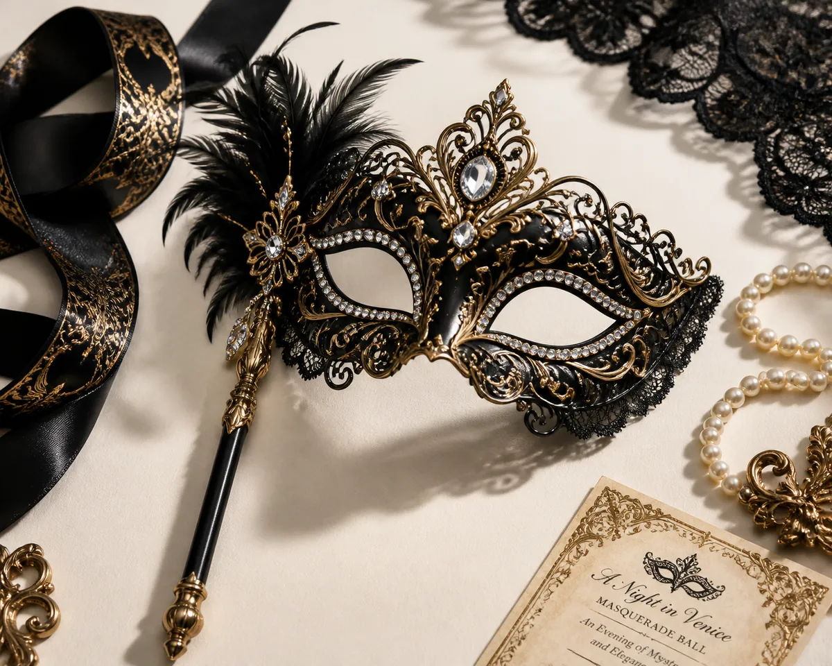 Close-up of a masquerade mask with its stick handle visible