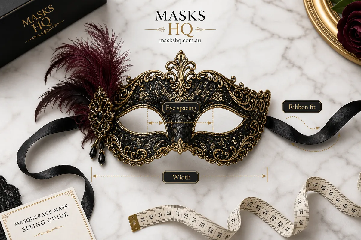 masquerade mask sizing guide — close-up detail